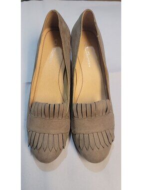 CL By Laundry Taupe Faux Suede Block Heel Loafers 8.5 Fringe Accent